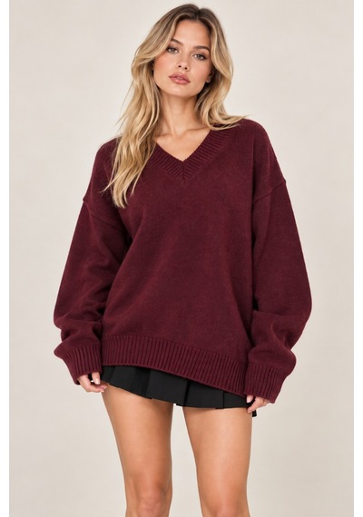 Cool Tarz Kadın V Yaka Oversize Triko Kazak Yumuşak Dokulu, Salaş Kesim, Standart Beden Bordo Bordo Cool Tarz Kadın V Yaka Oversize Triko Kazak Yumuşak Dokulu, Salaş Kesim, Standart Beden Bordo Bordo