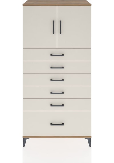 Hyperion Dolap Tek Raflı 6 Çekmeceli 2 Kapaklı 88x44x182 Çam-... Çam