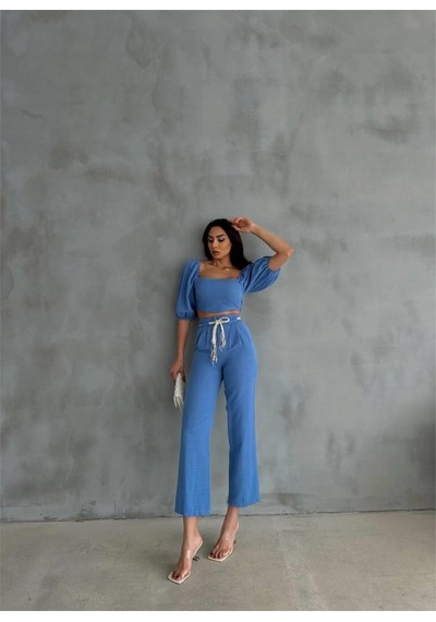 İkales Keten Crop Karpuz Kol Bluz-pantolon Hasır Kemerli - Mavi