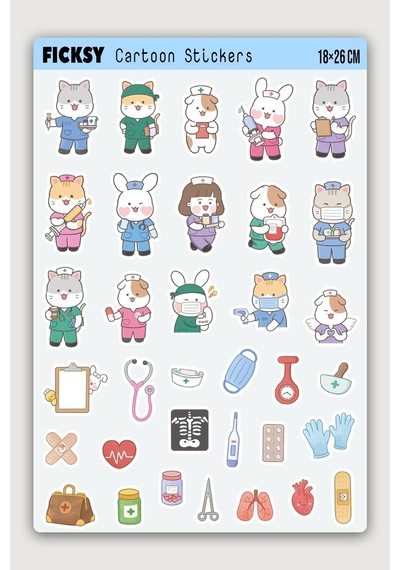 Kawaii Stili Sevimli Hayvanlar Hemşire Temalı Sticker Seti - 34 Adet Etiket Çıkartma Diğer
