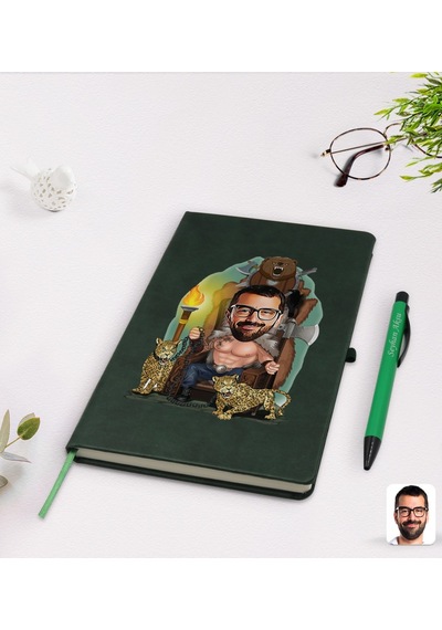 Kişiye Özel Viking Karikatürlü Yeşil Termo Deri Defter Kalem Seti