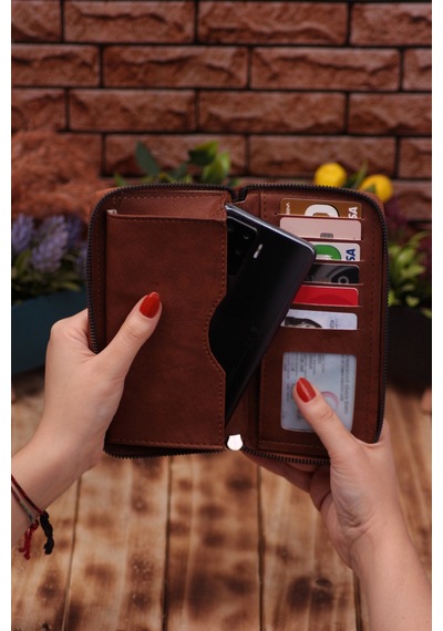 Özka Leather Taba Telefon Bölmeli Unisex Deri Uzun Kartlık Cüzdan Portföy Siyah