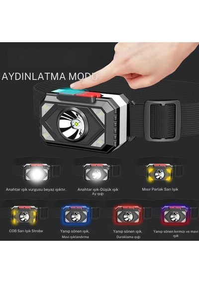 Su Geçirmez 7 Farklı Işık Moduna Sahip 800 Mah Lityum Pilli Kafa Feneri Siyah