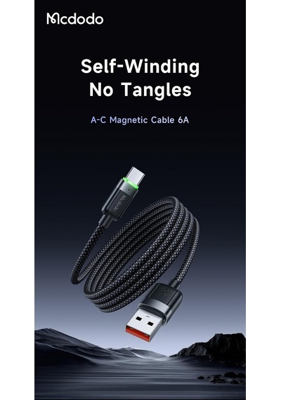 Ca-5650 1.2m Usb-a To Usb-c 6a Siyah Sarilabilir Manyetik Kablo