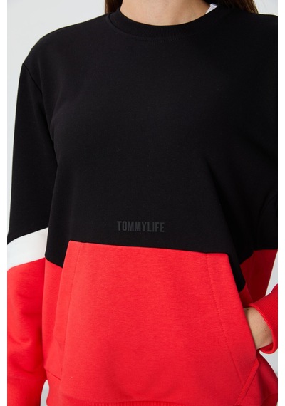 Tommy Life Siyah Kompakt Pamuklu Kalın Pürüzsüz Dokulu O Yaka Oversize Fit Kadın Sweatshirt - 97289 Siyah