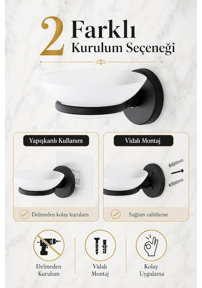 Alper Banyo Lotus Yapışkanlı Mat Siyah Sabunluk, Plastik Tabaklı