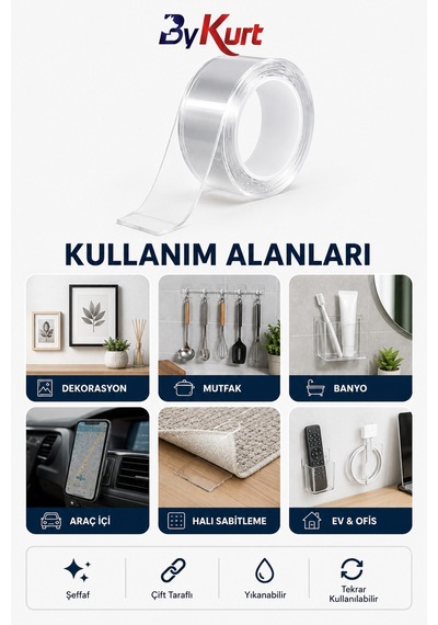 Sabitleme Bandı Çift Taraflı Nano Bant Güçlü Yapışkanlı Montaj