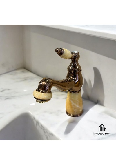 İsaoğlu Yapı Bakır Lavabo Bataryası Bronz Bal Mumu Detaylı Mermer Tasarım Spiralli Uzayabilen Armatür Bakır