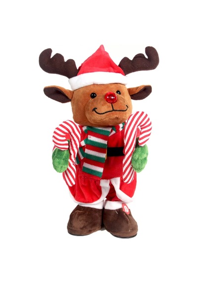 Yılbaşı Bastonlu Dans Eden Pilli Peluş Ren Geyiği - 30 Cm