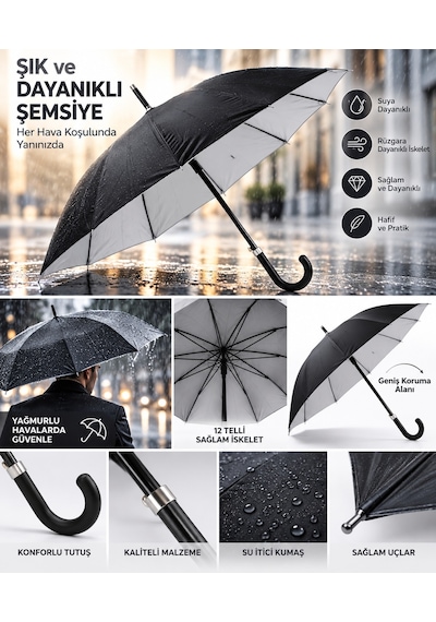 Şemsiye 12 Tel Siyah Baston Plastik Sap