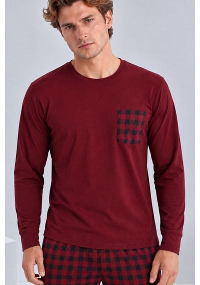 Pijamask Erkek Bordo Ekose Pantolonlu Cepli Uzun Kollu Pamuklu Pijama Takımı Bordo