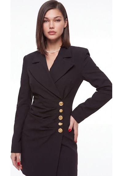CEMO Yanı Büzgülü Ve Gold Düğme Detaylı Blazer Elbise Siyah