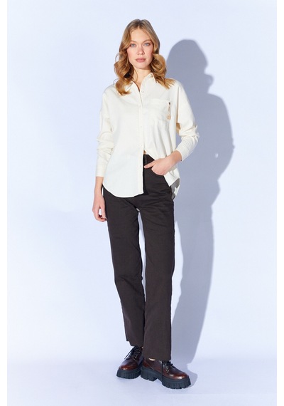 Manche Ekru Broş Detaylı Oversize Tek Cepli Gabardin Gömlek Mkw168174-01