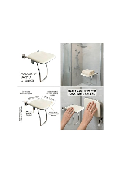 Katlanabilir Engelli Duş Oturağı - 304 Kalite Paslanmaz Çelik, Duvara Monte Yaşlı Ve Bedensel Engelli Banyo Taburesi, Duş Oturak Beyaz