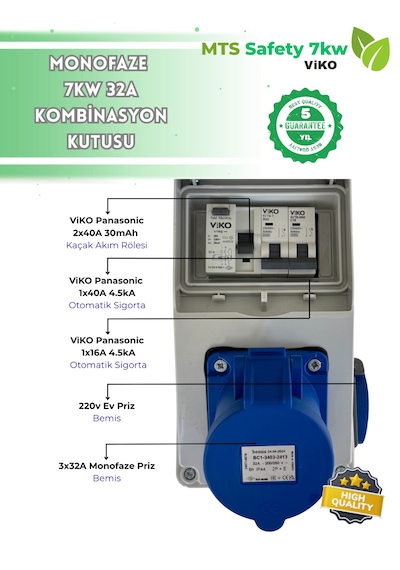 7.4 Kw 3/32 A Vıko Tesla Mavi Adaptör Uyumlu Seyyar Elektrikli Araç Şarj Cihazı İstasyonu Kombinasyon Panosu Kutusu 7kw 7,4 KW