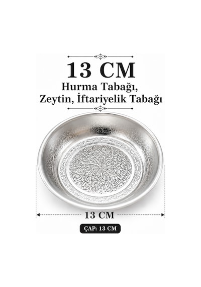 Gül Mutfak 13 Cm Desenli Paslanmaz Krom Çelik Hurma Tabağı, Zeytin, İftariyelik Tabağı 10 Adet Inox
