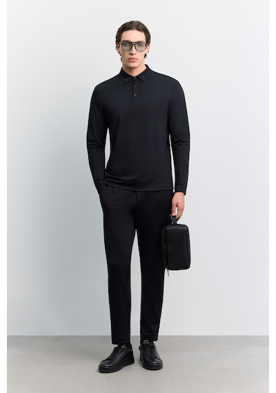 Avva Erkek Siyah Polo Yaka Düğmeli Teknik Kumaş Uzun Kol Basic Regular Fit T-shirt A62y1014