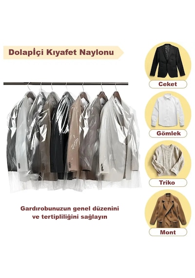 Gardırop Içi Askılık Yuvalı 70x100cm Kuru Temizleme - Dolap Içi Şeffaf Saklama Naylonu 10adet