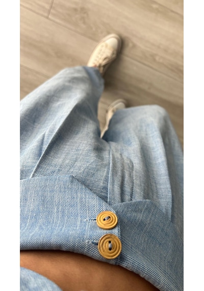 Bebe Mavi Omuz Vatka Detaylı Crop Bluz - Pantolon Takım Bebe Mavi