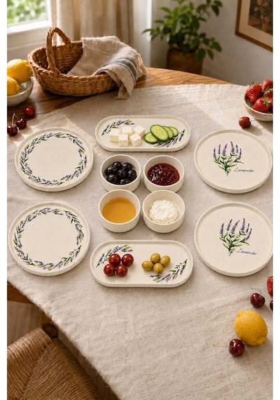 Lavanta 10 Parça 4 Kişilik Handmade Stackable Seramik Tabak Seti Premium Sunum & Kahvaltı Takımı Beyaz