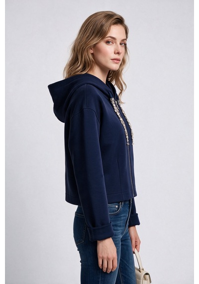 Bsb Kadın Kapüşonlu Fermuarlı Kısa Sweatshirt Hırka Kristal Taş İşlemeli İpli Mavi