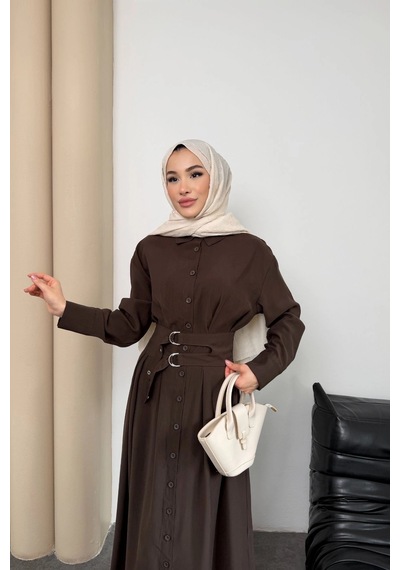 Mihran Butik Valeno Model Coupra Model Kumaş Kemer Detaylı Elbise Kahverengi