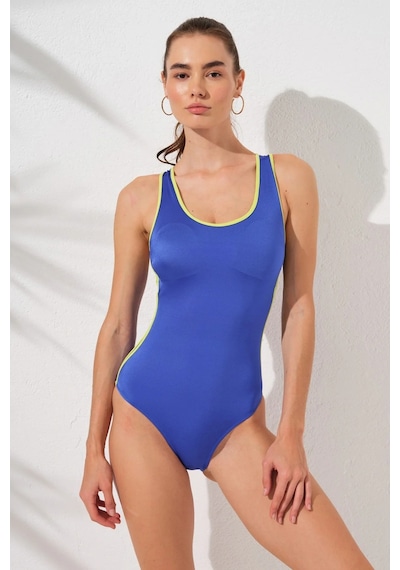 Pierre Cardin Saks Mavisi Cut Out Sırtı Çapraz Yüzücü Mayo Yeşil Şerit Detaylı Kaplı Yuvarlak Yaka Konforlu Saks Mavisi