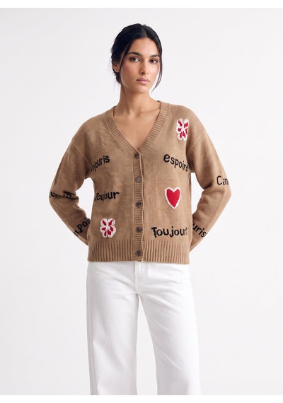 Fabrika Açık Kahve Kadın V Yaka Loose Fit Baskılı Hırka F6wl-hrk0099 Camel