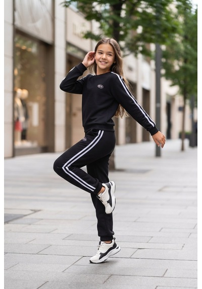 New Kids Kız Çocuk Takım Uzun Kol 3 İp Şrd New Baskı Kollar Şeritli Paça Detaylı Takım Syh-91278 Siyah