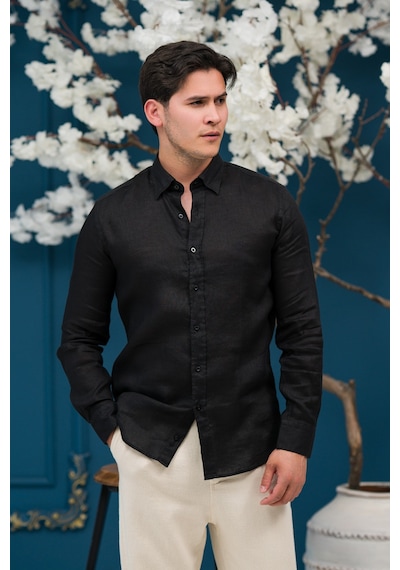 Paul Martin Regular Fit Gizli Düğmeli Yaka %100 Linen Ham Keten Gömlek SİYAH