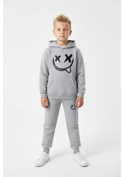Fyk Kids 3 İplik Şardonlu Kışlık Emoji Baskı Detaylı Kanguru Cepli Kapüşonlu Erkek Çocuk Eşofman Takımı Gri