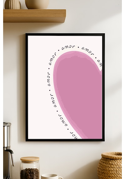 Pembe Kalp Doğal Ahşap Çerçeveli Poster, Dekoratif Hediyelik Duvar Tablosu