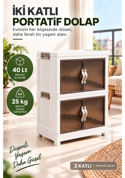 Evonıta 2 Katlı Portatif Dolap 80 Lt Geniş Hacimli Çok Amaçlı Organizer 49x30x59 Cm Beyaz