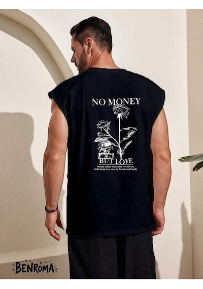 No Money But Love Baskılı Kolsuz Tişört SIYAH
