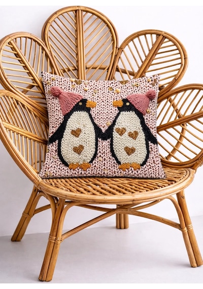 3boyutlu Kalpli Penguen Detaylı Sevimli Dekoratif Kırlent Kılıfı 45x45 Cm Pembe