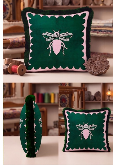 Arı Figürlü Saçaklı Yastık Kılıfı - Elegan Hayvan Temalı Modern Pembe Siyah Püsküllü Kırlent Kılıfı Gri