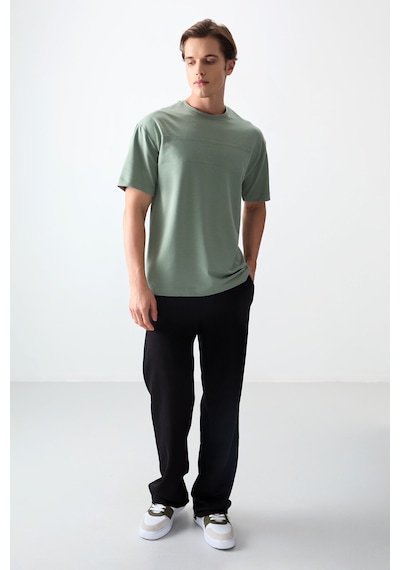 Air Jones Tommy Life Açık Yeşil Pamuklu Kalın Yumuşak Dokulu Oversize Fit Basic Erkek T-shirt - 88378 CAMEL