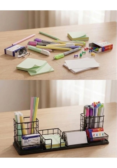 Temel Siyah Metal Mesh Modüler Masaüstü Organizer Seti 7 Parça 38x10 Cm 9515b