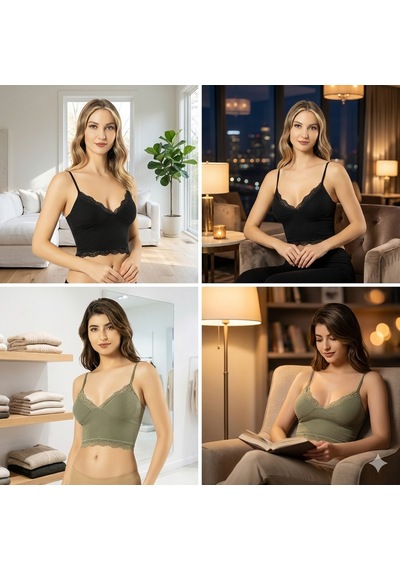 Lusistore Crop Bluz Takım Askılı Dantelli Pedli Büstiyer Bralet %95 Pamuk siyah