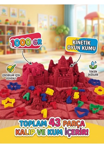 Sihirli Eğitici Oyun Kumu 1000 Gr 43 Parça Kinetik Kum Seti Alfabe Ve Sayı 3d Kalıplı Çocuk Oyuncağı Kırmızı