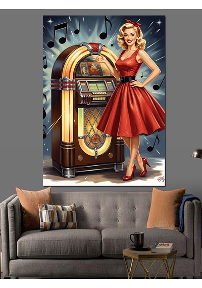 Ahşap Tablo Retro Müzik Kutusu Önünde Kadın İnsan Figürlü Tablolar