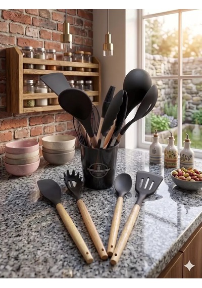 12 Parça Bambu Saplı Silikon Mutfak Gereçleri Seti - Siyah Mutfak Servis Seti Belirtilmemiş