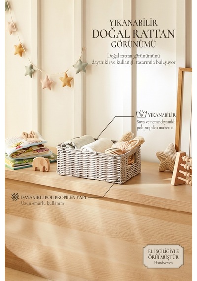 Ocean Home Textile Çocuk Odası Yıkanabilir Gri Pp Rattan Sepet 30 X 20 X 11 Cm