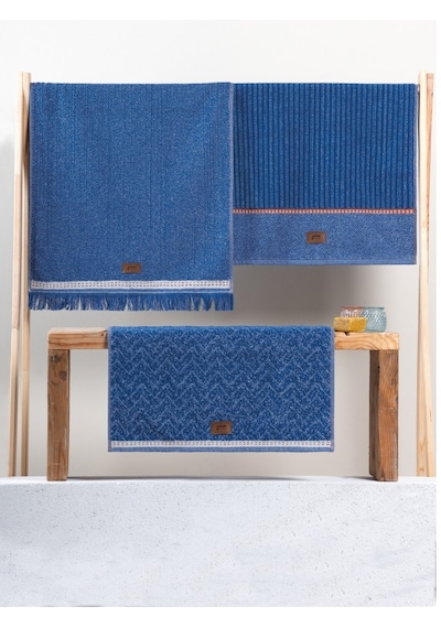 Cotton Box 3'lü Jakarlı Havlu Seti Çantalı 50x90 -denim Mavi Mavi