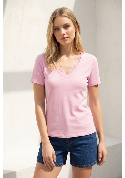 Pembe V Yaka Dantelli Kadın Tişört Mg2712 Pembe