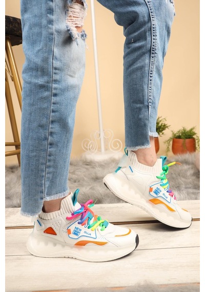 Guja Renkli Bağcıklı Triko Unisex Spor Ayakkabı Beyaz-Beyaz