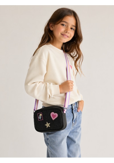 İcone Bag Denim Nakışlı Kız Çocuk Omuz Çantası, Denim İşlemeli Kız Çocuk Çantası, Kot Çocuk Çanta Siyah