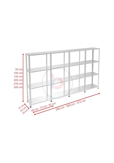 Raf Burada  4 Katlı 4'lü Galvaniz Çelik Raf - Depo, Arşiv, Kiler, Dosya, Market Rafı-31x75 cm-100 cm-1.50 mm