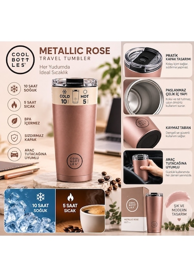 Cool Bottles Metalik Rose Pembe Bardak Çelik Termos 550 Ml Metallic Rose - Cbt55mer