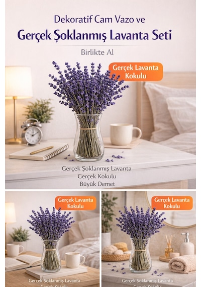 Gerçek Şoklanmış Lavanta Ve Cam Vazo Seti Gerçek Kokulu Dekoratif Lavanta Demeti
